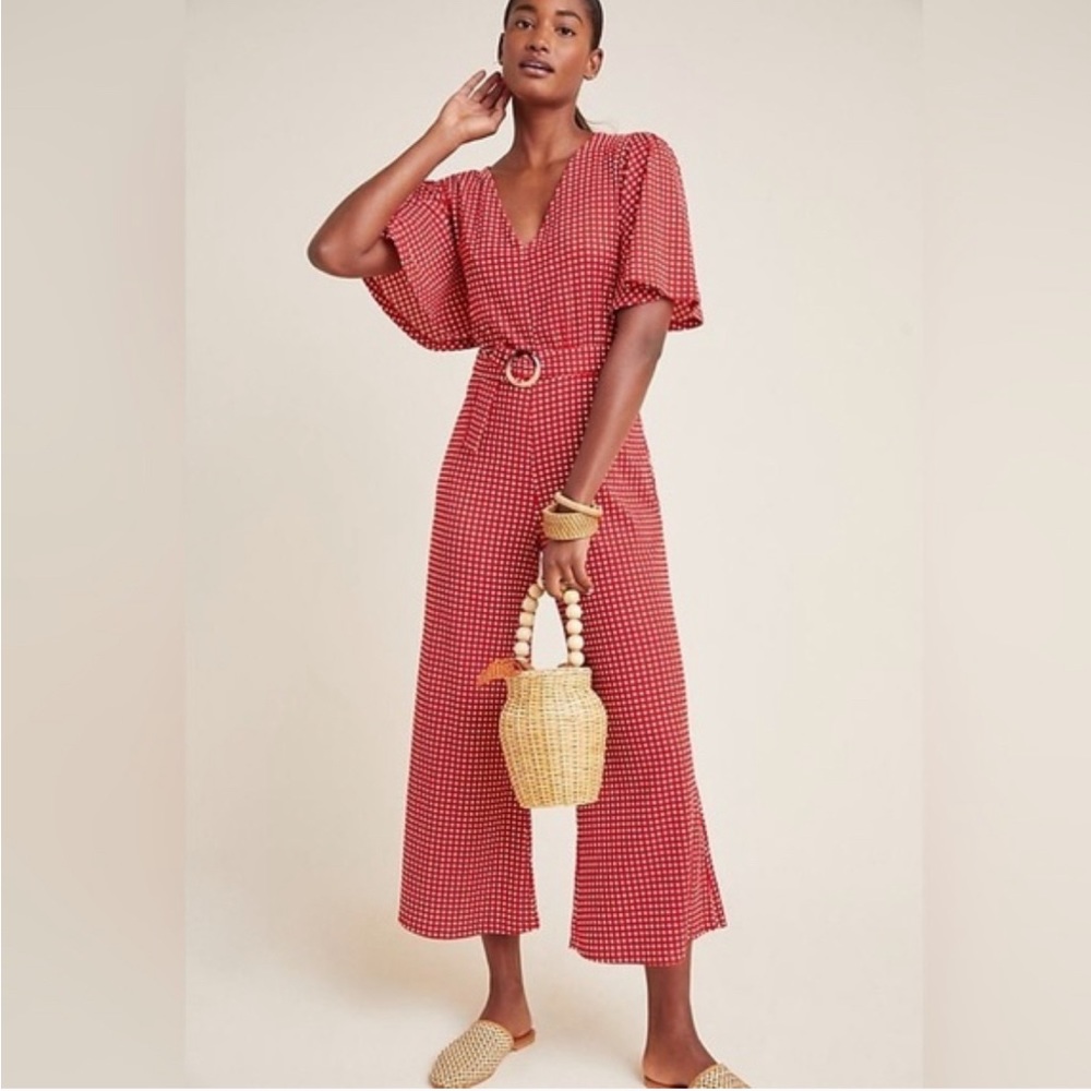 Margaret Belted Red Jumpsuit. jumpsuit, spandex V-neck Removable belt Button